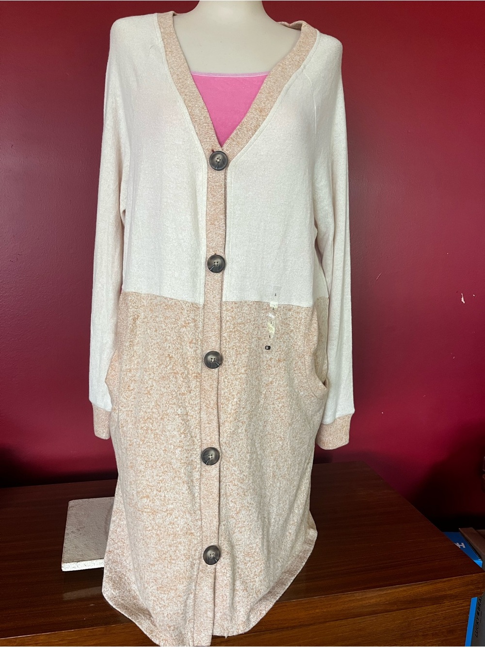 New BKE Two-Tone Cream and Beige Button-Up Cardigan